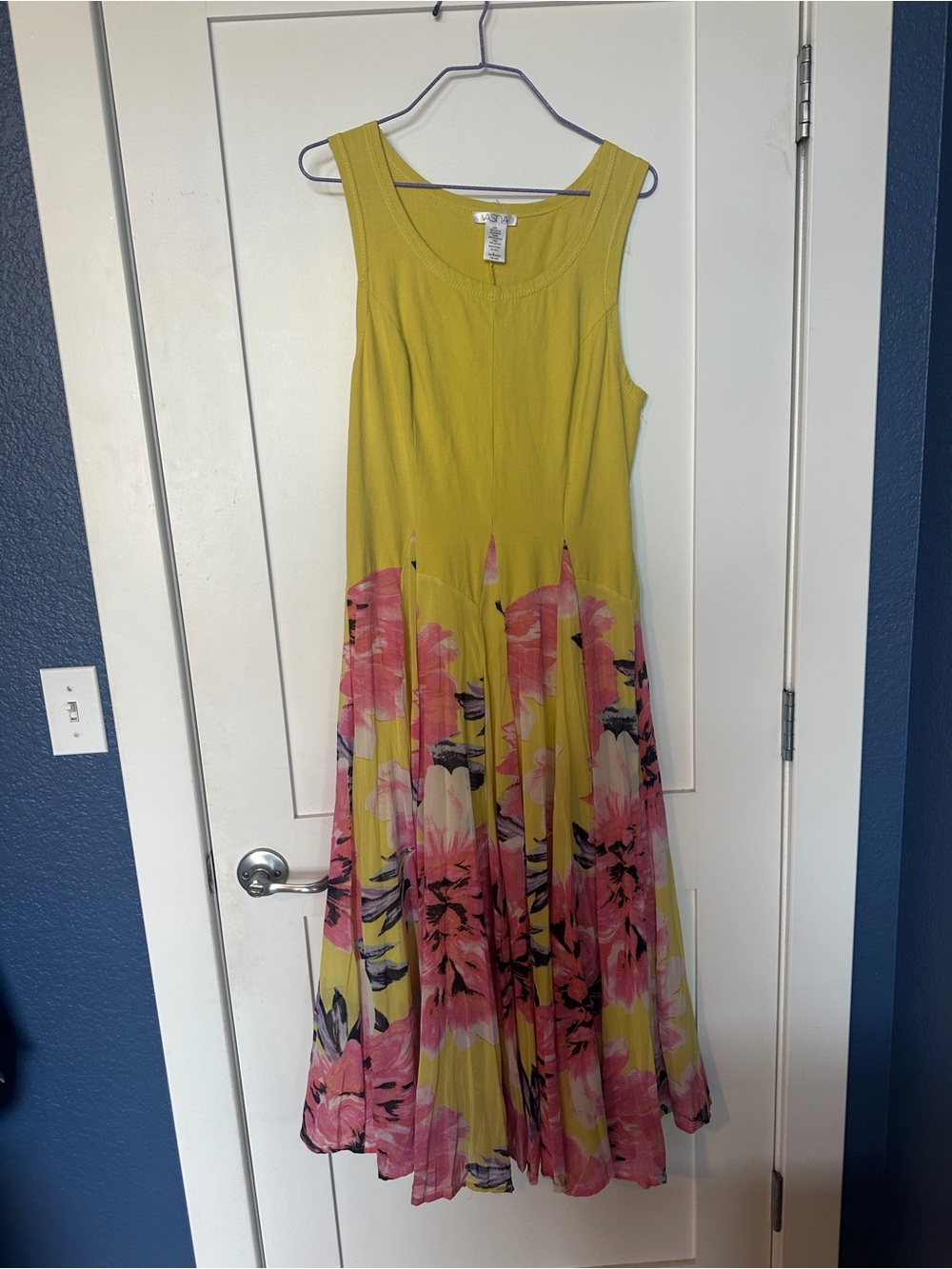 Sleeveless Yellow Floral Maxi Dress with Pink Bloom Print